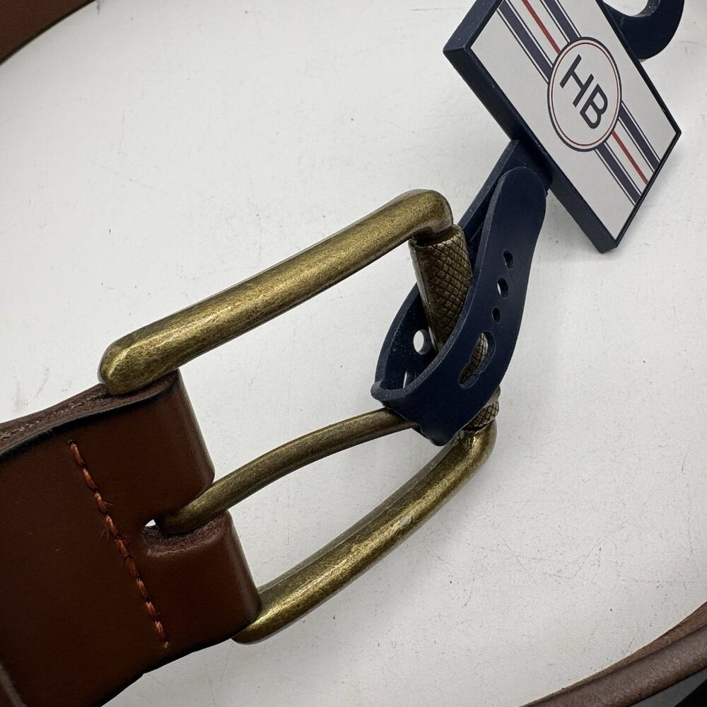 HB Men’s Brown Burnished Leather Belt Antique Brass Buckle Size 54–56 XL NWT - Picture 4 of 9